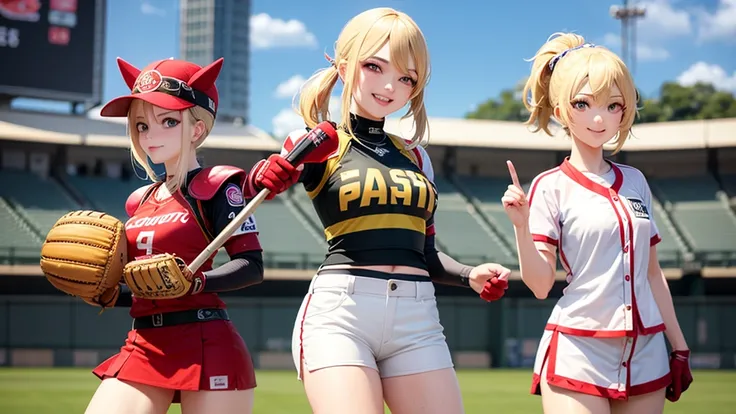 Courtesans happily playing baseball at Hanshin Koshien Stadium。smile、Blonde ponytail、armor