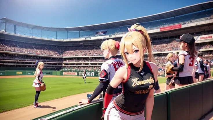 Courtesans happily playing baseball at Hanshin Koshien Stadium。smile、Blonde ponytail、armor