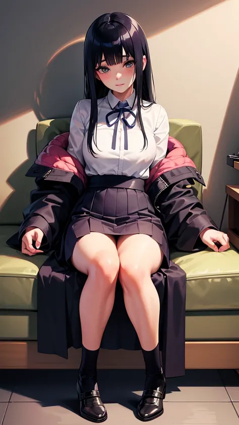 a close up of a person sitting on a chair with a coat, a manga drawing inspired by Miwa Komatsu, trending on pixiv, shin hanga, hinata hyuga, hinata hyuga from naruto, ecchi anime style, ecchi style, realistic , in anime style, anime full body illustration...