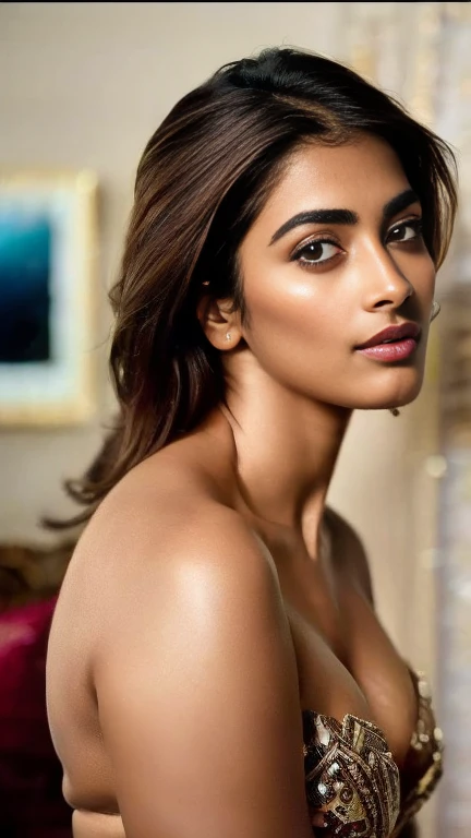 extreme close up photo of semi naked Pooja hegde,slim, bedroom, (cinematic:1.3), intricate details, (ArtStation:1.2),((trimmed  eyebrows)), cool atmoshpere,cold room,30 year old