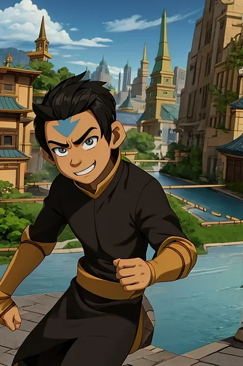 avatar the last airbender screencap of a male characters with hair black and eyes green he has a expression happy scenery is cit...