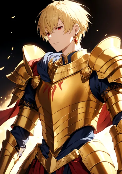 solo, short hair, blonde hair, red eyes, 1boy, jewelry, male focus, earrings, armor,  gold armor, gilgamesh (fate)