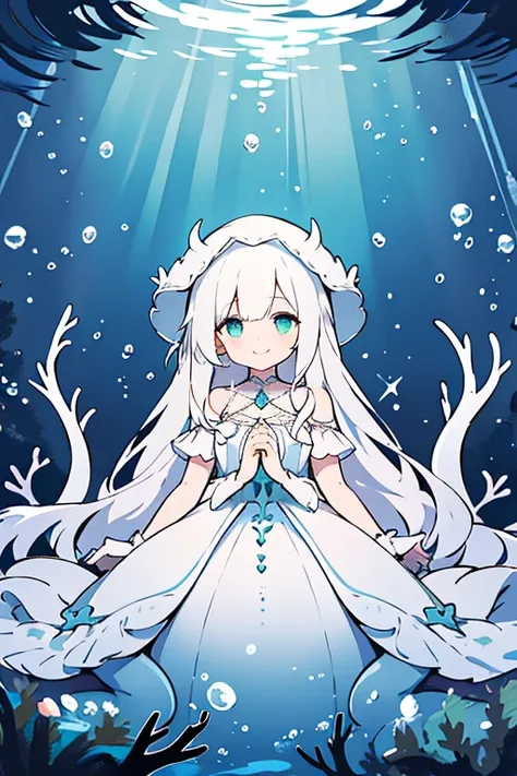 1girl, {young}, white hair, white dress, flat chest, Eldritch horror waifu, 1 eye, barnicles covering left eye, smiling, arms wide open, underwater, deep sea, abyss, green water, Lovecraftian