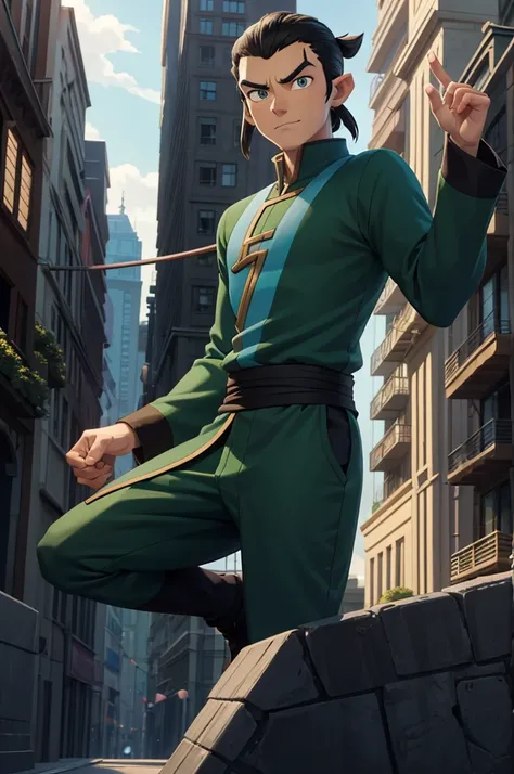 Avatar The Last Airbender Screencap of a male characters with hair black and eyes green He has a expression happy scenery is city He is wearing Black shirts