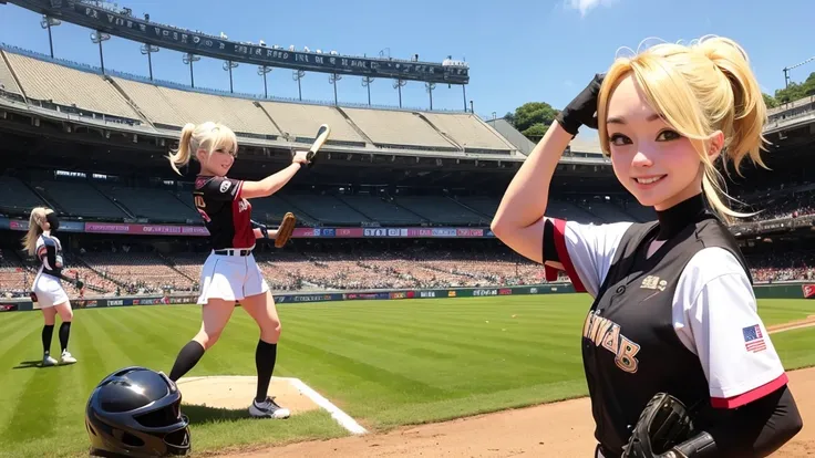 Courtesans happily playing baseball at Hanshin Koshien Stadium。smile、Blonde ponytail、armor