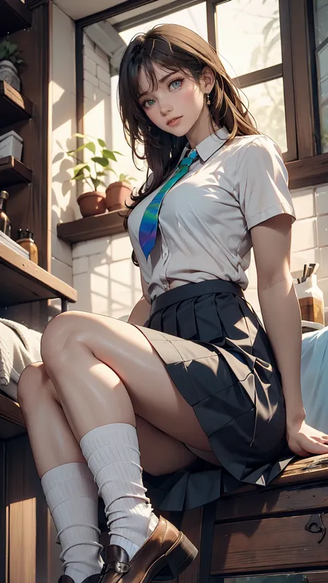 from the front, From below, White shirt, Grey pleated skirt, White socks, Loafer shoes, Medium brown hair, blue eyes, Sit on your knees, River bank, smile、17 year old female、Sexy proportions、Sexy、Narrow waist、Rainbow Hair((rainbow hair))、