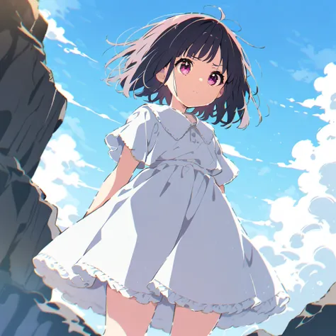 Black straight bob girl、freckles、Pink knee-length skirt、White blouse、Shyness、White underskirt、Sad look、Standing on a cliff、Low - Angle、Strong winds、blue sky