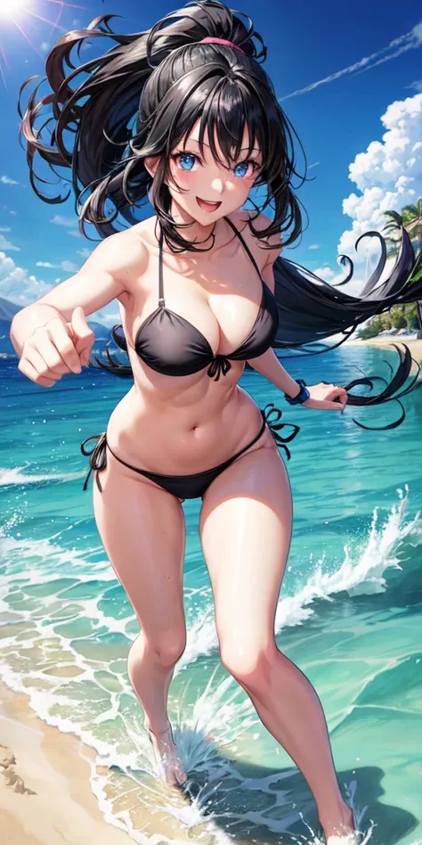 # Prompt for SeaArt

Create an anime-style illustration of a girl with the following characteristics:
- Wearing a black bikini
- Long black hair
- Blue eyes
- Energetic and smiling
- Running towards the viewer

Background:
- A sunny beach during the day

A...