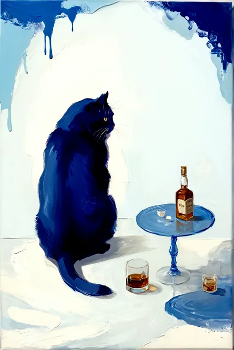 Fat Cat，whole body，bright，Blue Cat，Walking on the table cabinet，cream，whiskey，Transparent glass，Abstract Art，Thick Texture Paint