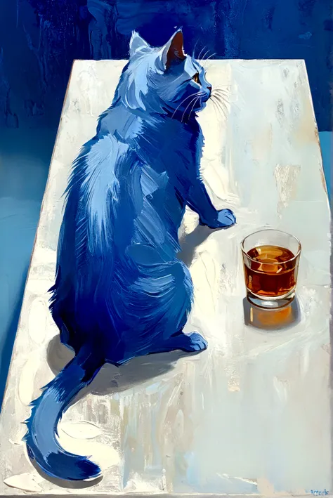 Fat Cat，whole body，bright，Blue Cat，Walking on the table cabinet，cream，whiskey，Transparent glass，Abstract Art，Thick Texture Paint