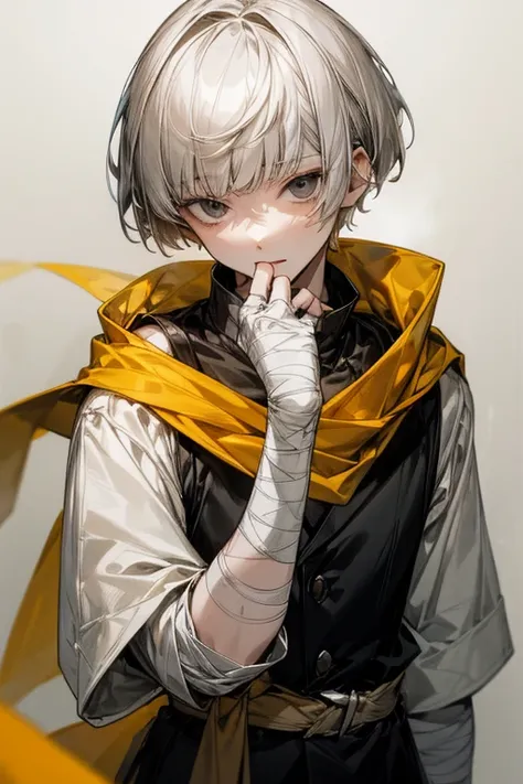 Young boy, pale skin, neutral expression, short bowl cut, light grey hair, straight bangs, black eyes, bandages, black blouse with yellow buttons, pale red scarf, halfbody, fingerless gloves 