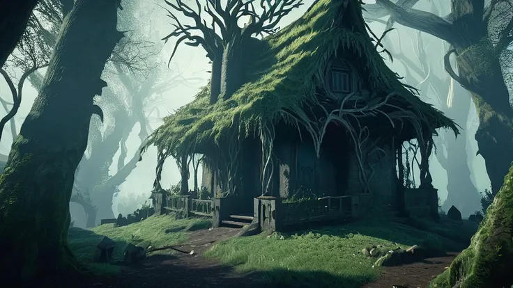 Hidden deep within the ominous shadows of the Blackwood Forest, where twisted branches claw at the sky and ancient oaks loom like guardians of forgotten secrets, stands a small witchs house