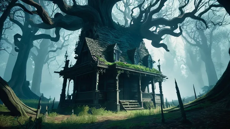 Hidden deep within the ominous shadows of the Blackwood Forest, where twisted branches claw at the sky and ancient oaks loom like guardians of forgotten secrets, stands a small witchs house