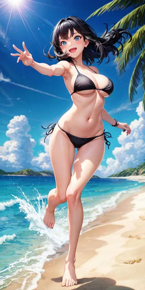 # Prompt for SeaArt

Create an anime-style illustration of a girl with the following characteristics:
- Wearing a black bikini
- Shoulder-length black hair
- Blue eyes
- Energetic and smiling
- Running towards the viewer

Background:
- A sunny beach during...