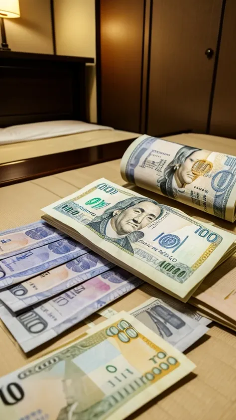 money，A stack of Japanese 10,000 yen bills on a bed，Highest quality，8K，Realistic Paper，A bundle of 100 million yen，A luxury hotel room，