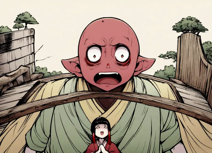 Please draw the Japanese yokai "Akanyudo". Akanyudo has a large red face and is very tall, resembling a monk. He has a bald head, sharp eyes, and a wide mouth. Set the background with an old bridge, depicting Akanyudo scaring a cute woman. Create an overal...