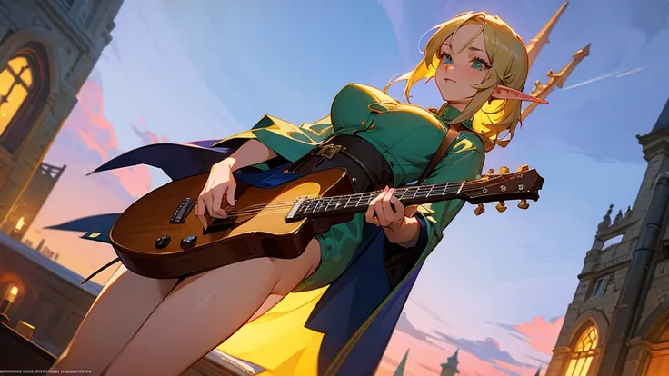 Anime Style,Nostalgic,Detailed background,The medieval world,A lively bar with lots of people,Beautiful sky,Beautiful Elf Bard,guitar,Large Breasts,Healthy thighs