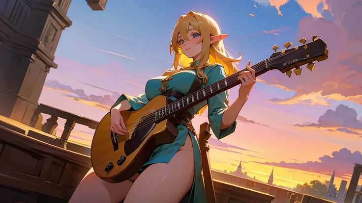 Anime Style,Nostalgic,Detailed background,The medieval world,A lively bar with lots of people,Beautiful sky,Beautiful Elf Bard,guitar,Large Breasts,Healthy thighs