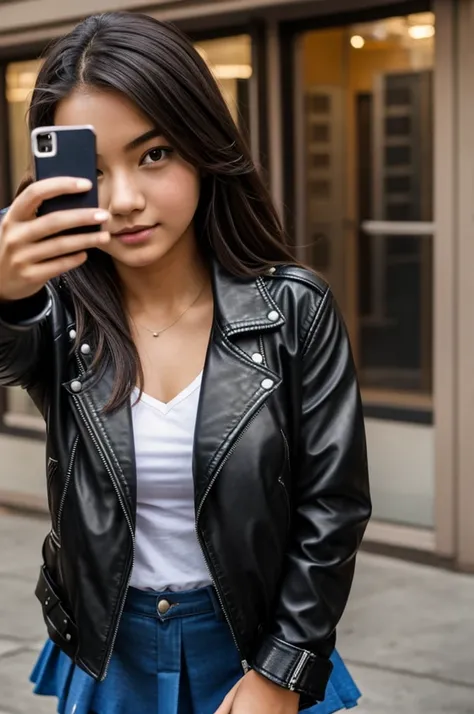 High school girl takes selfie with leather jacket 