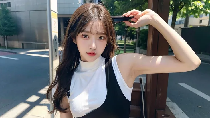 masterpiece、Flat color、depth of field、Lens Flare 1 Girl、、brown hair、watching the viewers　　　black suspenders　　　bulging big tits　　　 　 armpit sweat　sweating　양손의 side　　wall: 　Black miniskirt　가터 belt　　　　　　Sight　　　small face　upper eye bangs　side　　rat-colored eye...