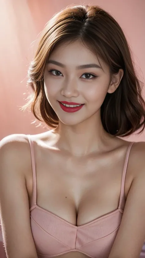 Best quality, masterpiece, ultra high res, photorealistic, raw photo, unity 8k wallpaper,(red lips:1.3),(pink eyeshadow:1.3),parted lips,,(evil smile:1.1), tan skin