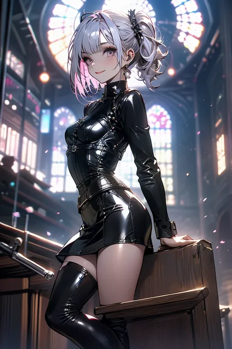 (perfect anatomy) an 18 year old girl, small, 1.50cm tall, very slender, without curves, straight chest, thin thighs, small butt, pale skin, pink eyes, white hair, two ponytails (leather skirt , leather corset, short boots) In a medieval church, alone, mag...