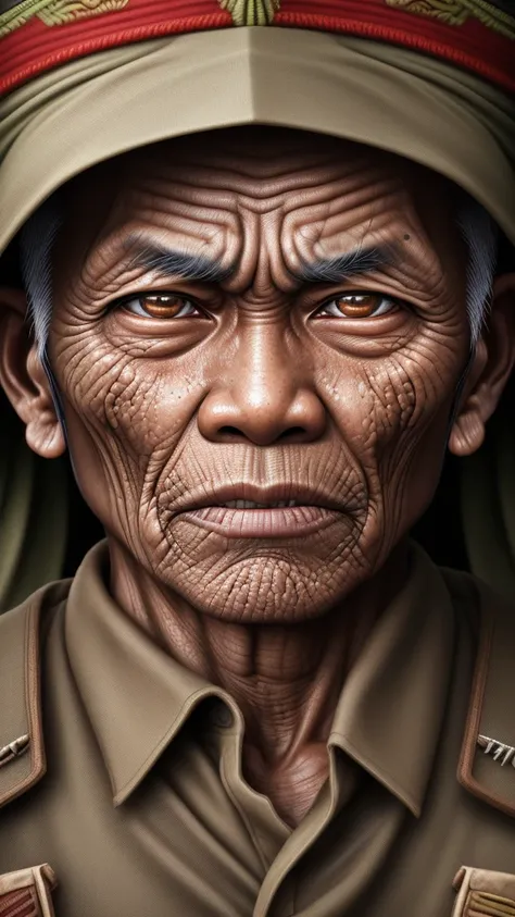 Realistic ultra HD close-up portrait, An indonesian hero wearing war clothes, Wrinkles, Facial expression showing strong emotions