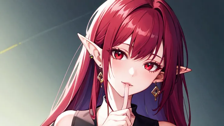 1girl, solo, long hair, looking at viewer, red eyes, jewelry, red hair, earrings, pointy ears, portrait, finger to mouth, fullbody, white boots