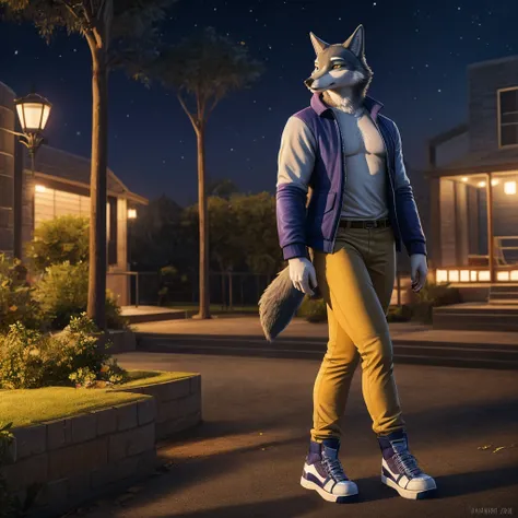 Porsha is a tall Arctic-gray wolf with yellow eyes and bluish-grey and white fur. She wears purple sunglasses, a dark blue jacket with multicolored accents, yellow trousers, grey and white sneakers, and a blue vintage t-shirt. anthro wolf, female, adult, b...