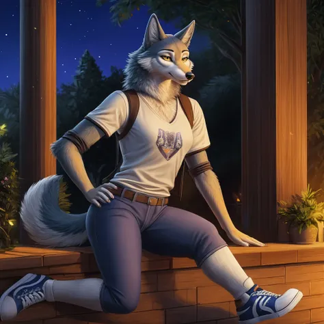 Porsha is a tall Arctic-gray wolf with yellow eyes and bluish-grey and white fur. She wears purple sunglasses, a dark blue jacket with multicolored accents, yellow trousers, grey and white sneakers, and a blue vintage t-shirt. anthro wolf, female, adult, b...