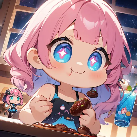 masterpiece、Highest quality、Depth of subject、２D illustration、1 beautiful girl、独奏, (((chibi style)))、((night)), ((window)), ((starry sky)), Long, beautiful hair、Shiny pink hair、cute、Beautifully detailed eyes、((Tank top))、a glass of blue soda, ((colorful))、m...