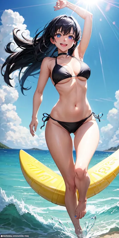 # Prompt for SeaArt

Create an anime-style illustration of a girl with the following characteristics:
- Wearing a black bikini
- Short black hair
- Blue eyes
- Energetic and smiling
- Running towards the viewer
- Height around 150 cm

Background:
- A sunny...