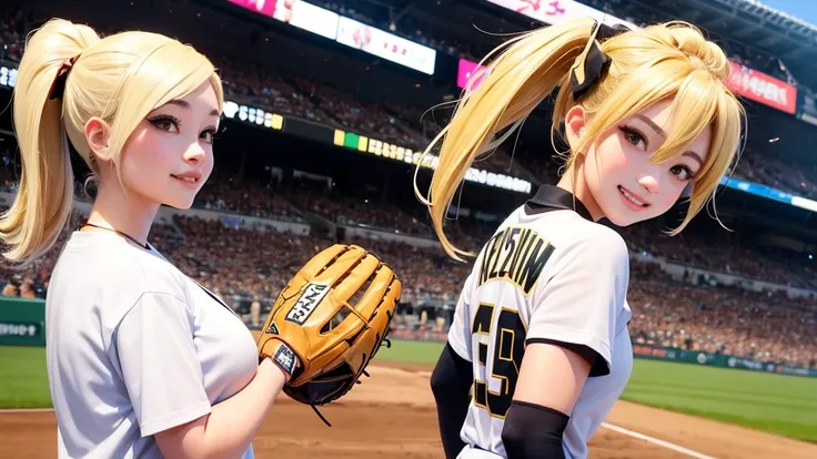 A beautiful courtesan is playing baseball in front of a huge crowd at Hanshin Koshien Stadium。Sexy smile、Blonde ponytail、armor