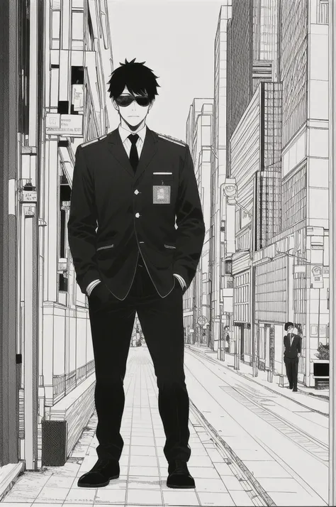 masterpiece, best quality, 1man, uniform, hand in pocket, school bag, black hair, black eyes,  cyberpunk, street,  monochrome, lineart