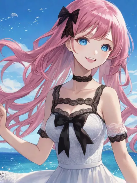 ((Best quality)), ((masterpiece)), (detailed), ((perfect face)), One Girl、Pink Hair、blue eyes、A white dress with black lace、large pink ribbon on the chest、Ocean、Waving、smile