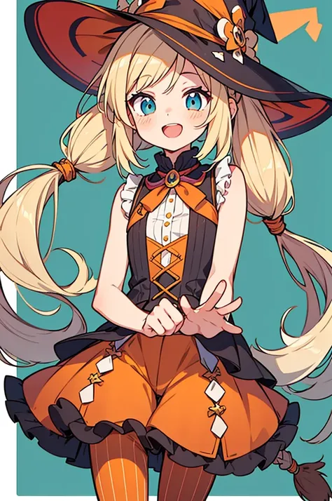 anime style,ultra detailed face,masterpiece,illustration of the cutest character,Beautiful girl anime designs for men,
small girl,12years old,witch girl,
honey blonde braided twintails hair,orange frilly witch outfit,
orange sleeveless witch clothes with p...