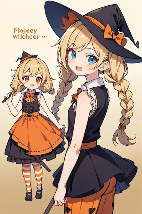 anime style,ultra detailed face,masterpiece,illustration of the cutest character,Beautiful girl anime designs for men,
small girl,12years old,witch girl,
honey blonde braided twintails hair,orange frilly witch outfit,
orange sleeveless witch clothes with p...