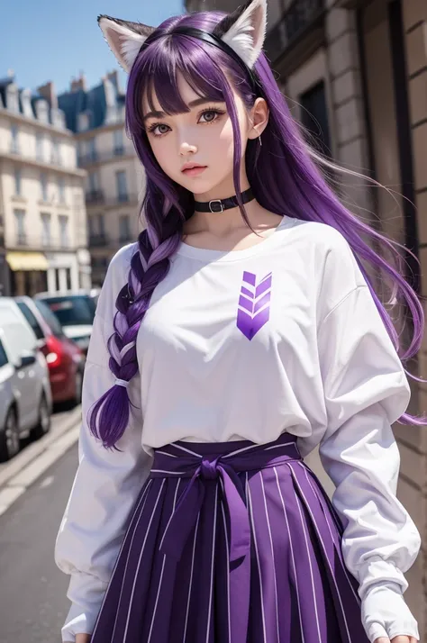 a girl with a brown braid with bangs with a purple streak, lavender eyes,purple and white eye mask,on her head her purple fox ears,your purple tail at the white tip,on the neck a black collar, her shirt is purple and in the middle it is white,long sleeves ...