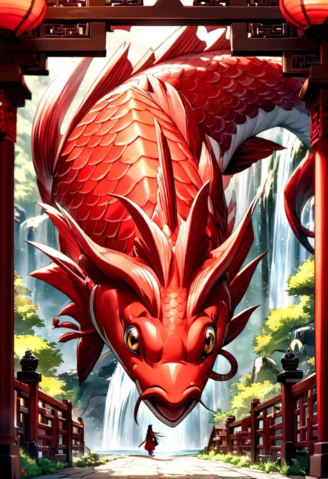 Carp passes through the dragon gate, turns into a dragon-headed carp, Chinas dragon is very beautiful, Large depth of field perspective, Vivid waterfall effects and details, Excellent image quality, Resolution High