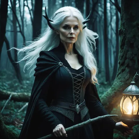 old white haired witch in the dark medieval fantasy forest