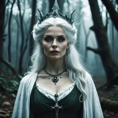 old white haired witch in the dark medieval fantasy forest