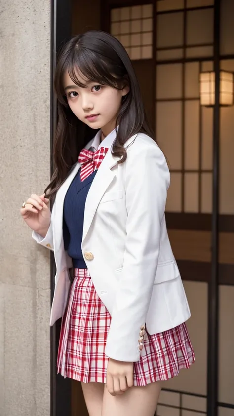 Japanese、16 years old、high school girl、White Blazer Uniform、Red checkered mini skirt、