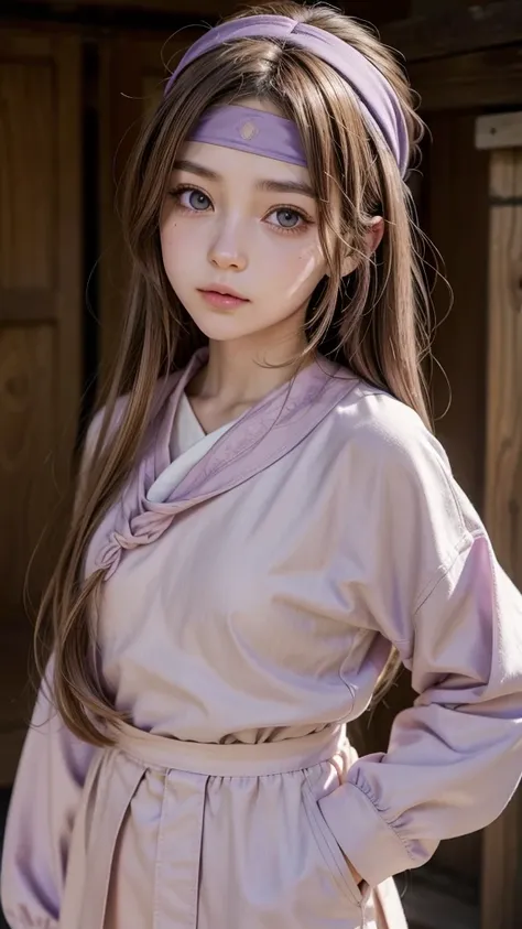 please create a picture of an anime girl with light brown hair and eyes, and a lilac Clan outfit, with a bandana on his forehead, and loose hair