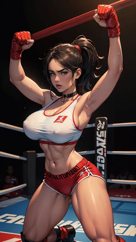 18 years old sporty woman, red shorts, micro sports bra, fighting pose, sexy busty muscular body, slim waist, extremely large breasts, thick bust, thick thighs, full body, bob length hair, sweating, in boxing ring, black boots, choker necklace, nsfw, boxin...