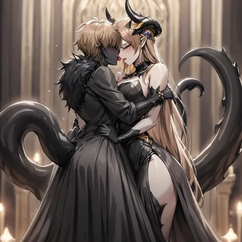 ((Highest quality)), ((masterpiece)), (detailed), （Perfect Face）、The woman is a jet-black female demon with magnificent demon horns and a jet-black tail, her skin is the same black as the Demon King, she is wearing a provocative and luxurious jet-black dre...