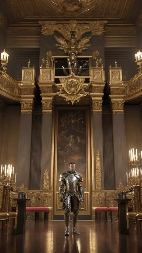 Masterpiece, cinematic landscape, best quality, baroque, realistic, man, future century armor, unique modern armor, upper body, looking towards the viewer, in the kings chamber inside the castle