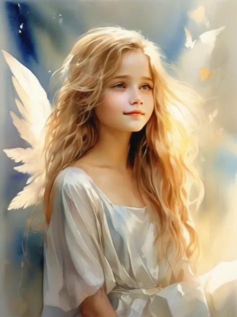 (((watercolor)))1 angel girl facing forward, beautiful wings on the back、blonde, long hair, alone、smile、magic, strapless white d...