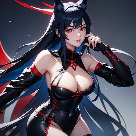 A close-up of her cleavage from a profile angle。
Smiling and looking up。
Assassin holds his weapon。
Dark Background。
Long blue hair and wolf ears。Mature woman with red eyes。
Clothes with main color black and sub color red。
Draw hands in detail。