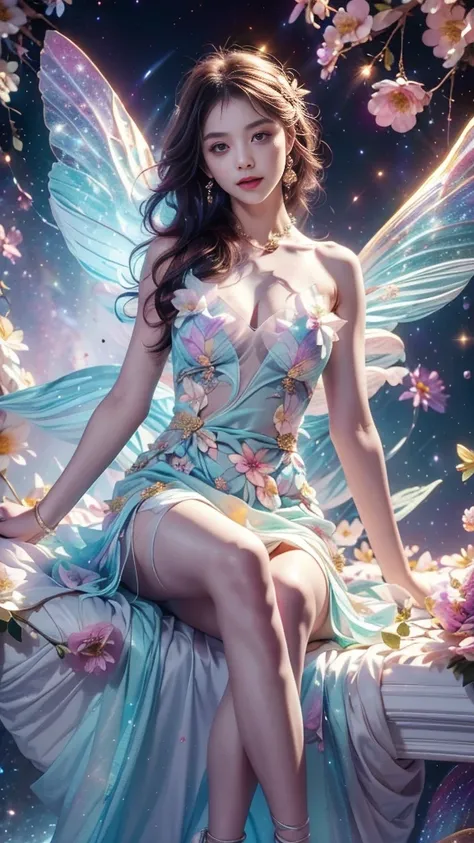 4k ultra high definition, masterpiece, A girl, good face, Delicate eyes, Delicate lips, Flower fairy girl, Big Wings, Transparent wings, Neon, (Galaxy Background:1.5), (Floral Dress:1.5), (green dress), in heaven, sitting,