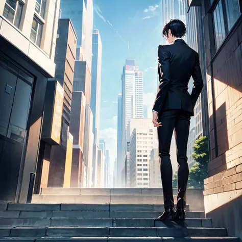 Anime black-haired man in a suit turns his back and stands in the city.